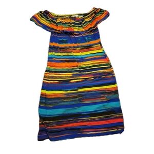 Joseph Ribkoff Off/On Shoulder Ruffled Striped Dress 12 Colorful